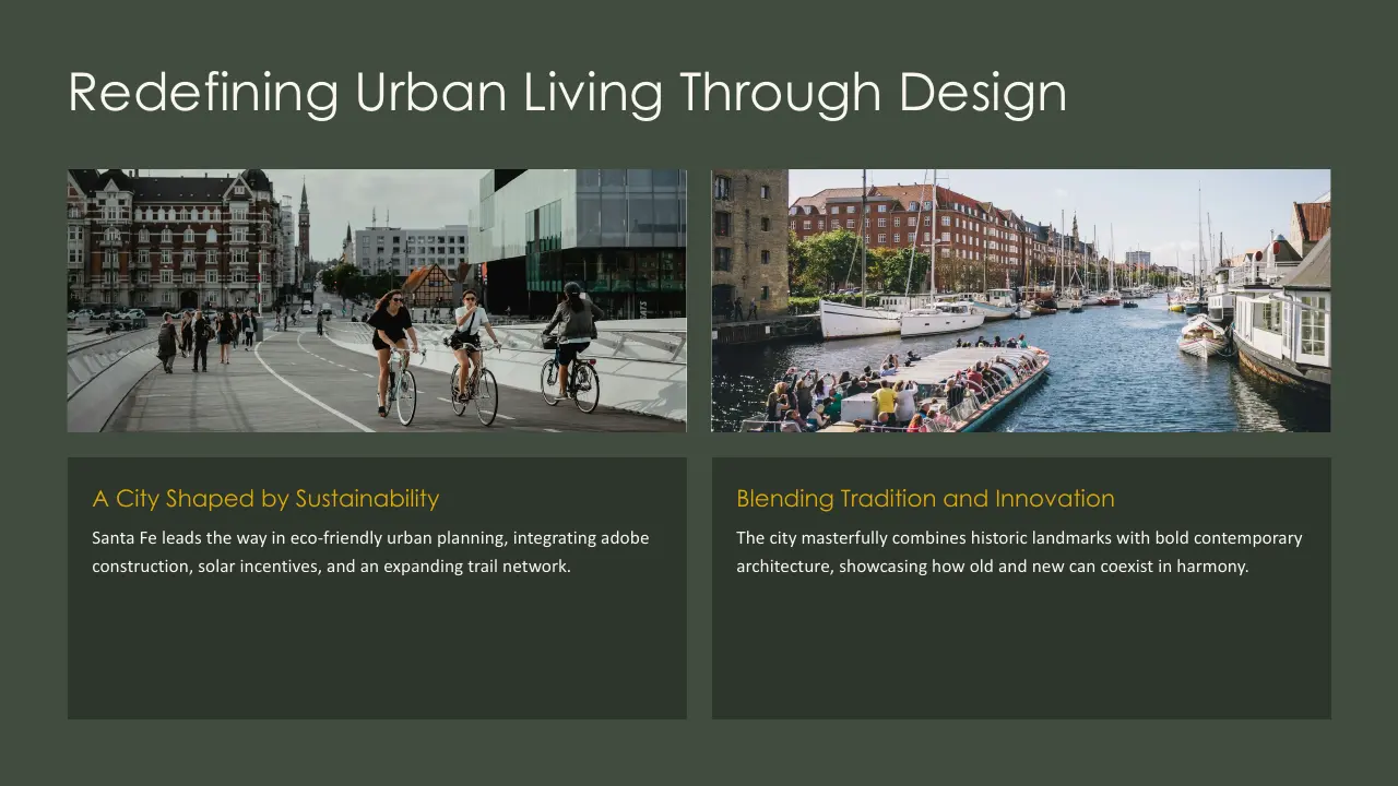 Two urban scenes depicting cyclists on a city bridge and people on a boat in a canal.