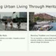 Two images depicting urban scenes: cyclists on a modern bridge and people on a boat in a historic waterfront.