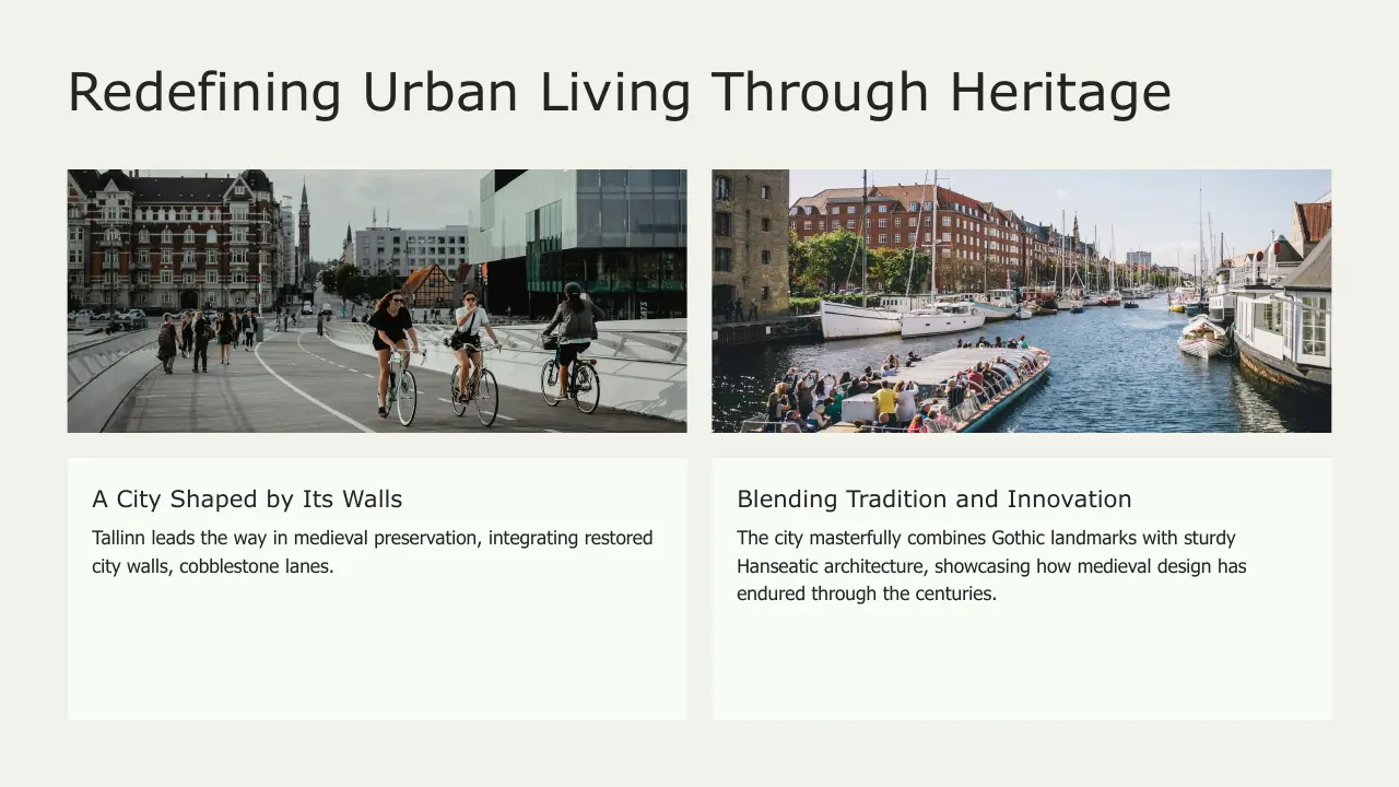 Two images depicting urban scenes: cyclists on a modern bridge and people on a boat in a historic waterfront.