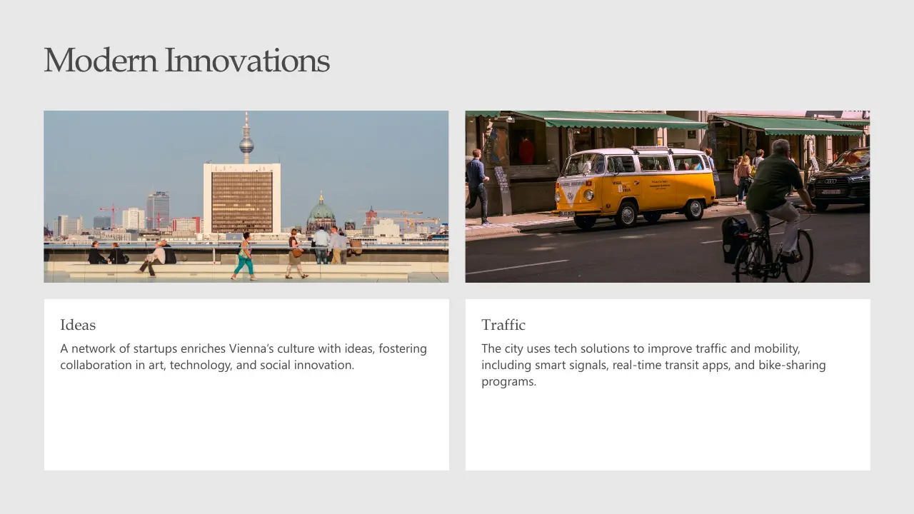 City skyline with people walking on a rooftop and a street scene with a yellow van and cyclist.