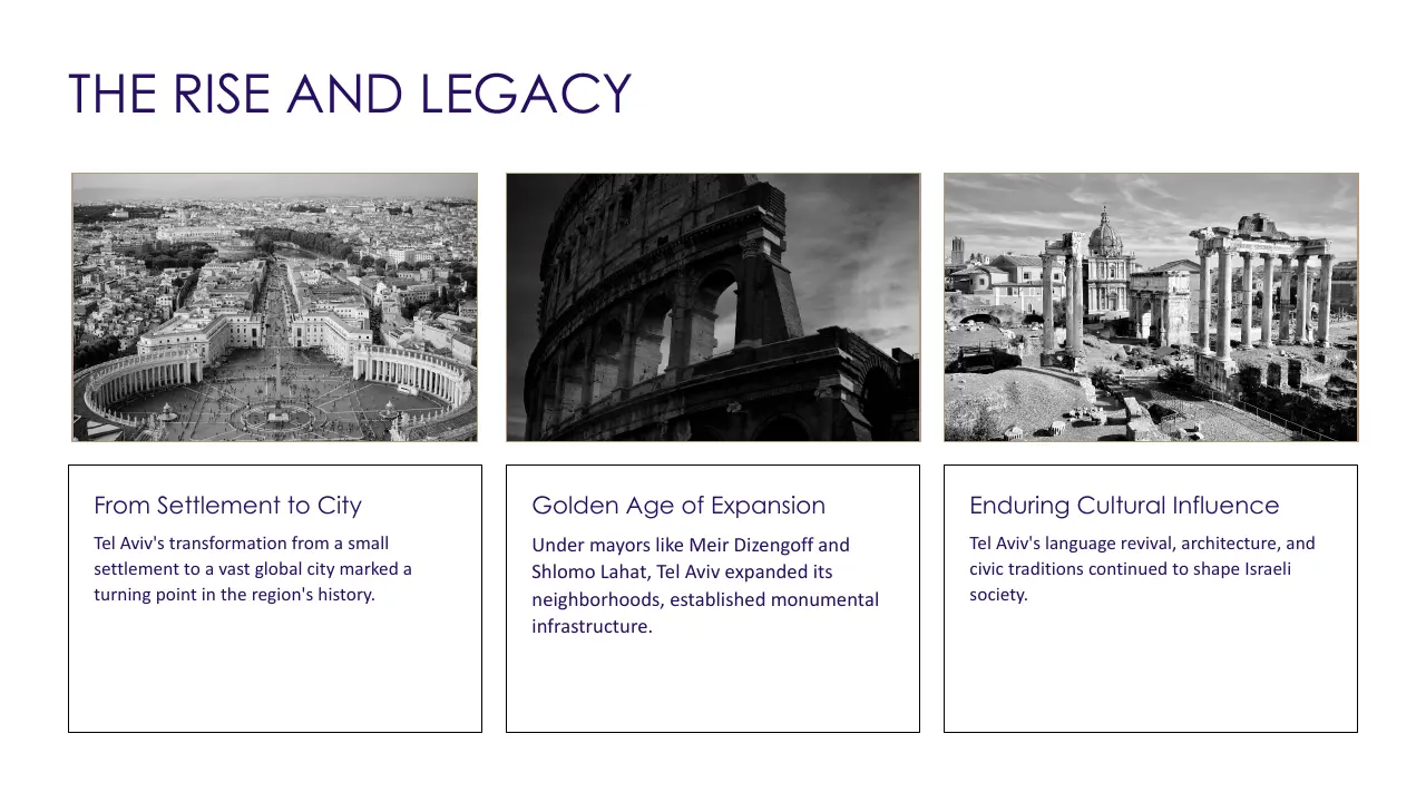 Black and white images of ancient Roman architecture with historical text panels below.