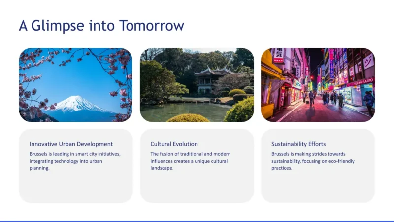 image-cards-3 Slide titled "A Glimpse into Tomorrow" with images of Mount Fuji with cherry blossoms, a traditional Japanese garden, and a vibrant nighttime city street, accompanied by text on urban development, cultural evolution, and sustainability efforts.