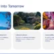 Slide titled "A Glimpse into Tomorrow" with images of Mount Fuji with cherry blossoms, a traditional Japanese garden, and a vibrant nighttime city street, accompanied by text on urban development, cultural evolution, and sustainability efforts.