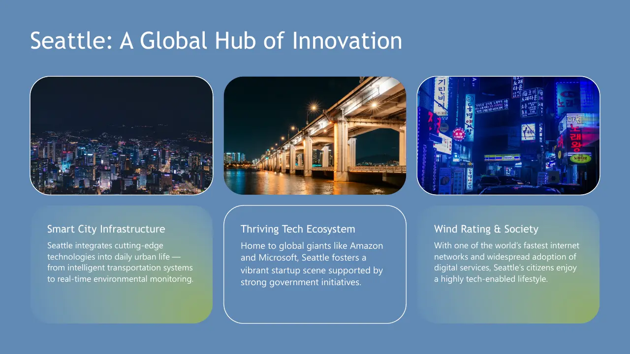 Slide titled "Seattle: A Global Hub of Innovation" with three nighttime cityscape images and descriptive text about smart city infrastructure, tech ecosystem, and internet connectivity.