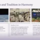 Presentation slide titled "Innovation and Tradition in Harmony" with images of the Hubble Space Telescope, a laboratory with scientists in white suits, and the NASA Jet Propulsion Laboratory sign, accompanied by descriptive text blocks about cultural heritage, quality of life, and scientific excellence in Pasadena.