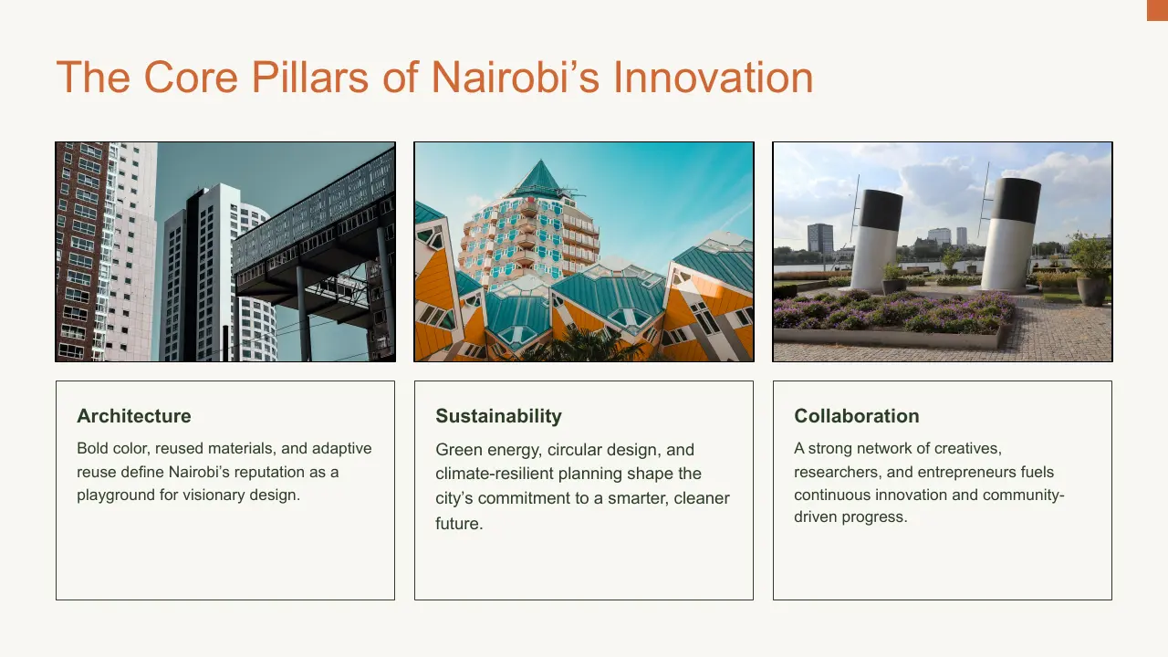 Images of modern urban architecture, sustainable building designs, and outdoor public spaces representing Nairobi's innovation pillars.