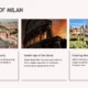 Presentation slide titled "The Rise of Milan" featuring three historic cityscape images with descriptive text about Milan's transformation, Sforza era, and architectural influence.