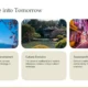 Three images beneath the heading "A Glimpse into Tomorrow": cherry blossoms framing Mount Fuji, a serene traditional garden with a pavilion, and a bustling neon-lit city street at night.