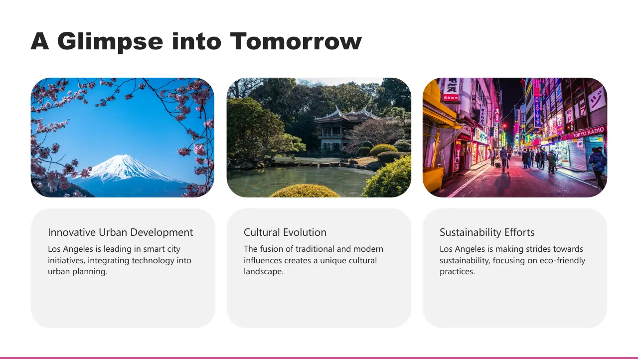 Three images depicting a snow-capped mountain with cherry blossoms, a traditional Asian garden pavilion, and a vibrant city street with neon signs at night.