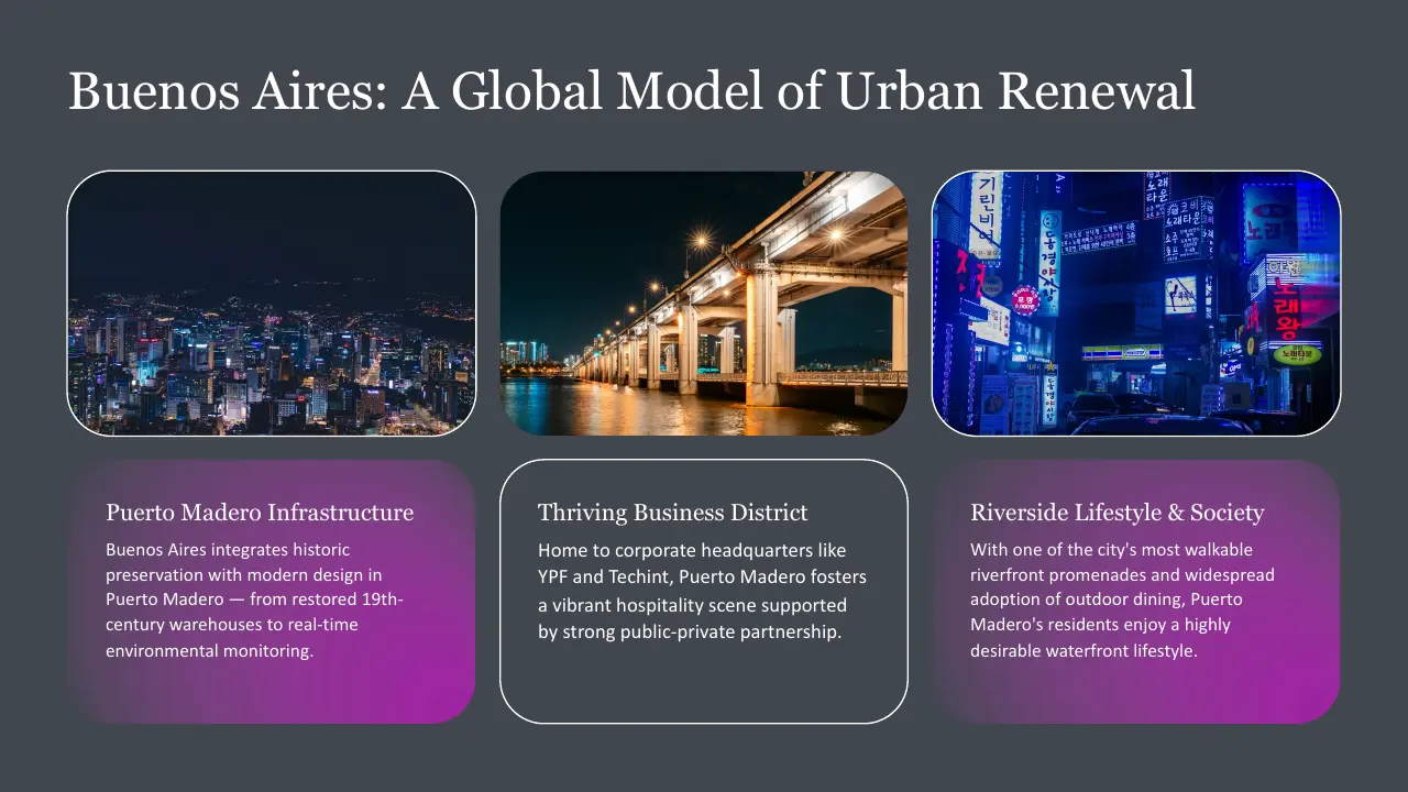 Three nighttime urban images: city skyline, illuminated bridge over water, neon-lit street with Korean signs.