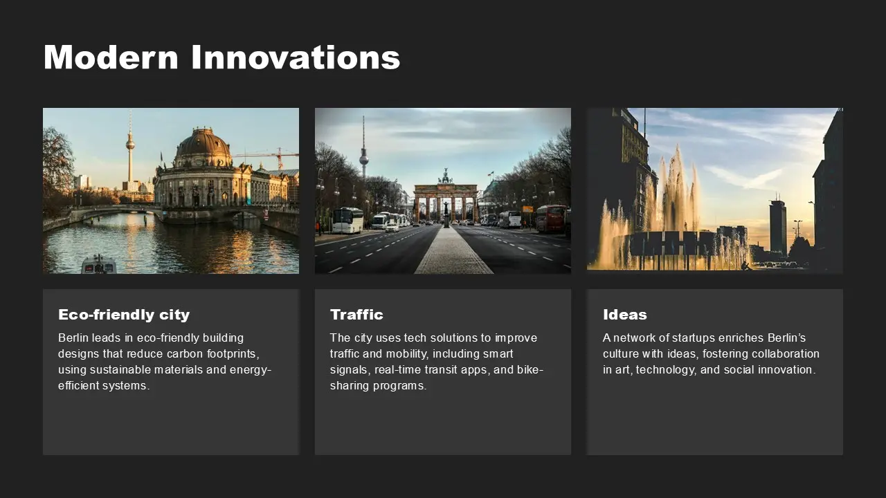 Three images of Berlin landmarks with text about eco-friendly city design, traffic tech solutions, and startup ideas.