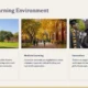 Three images depicting Boston's learning environment: historic campus buildings with a steeple, students walking under autumn trees, and diverse graduates celebrating in caps and gowns.