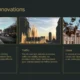 Three images of urban landmarks with text boxes describing eco-friendly city design, traffic tech solutions, and startup ideas.