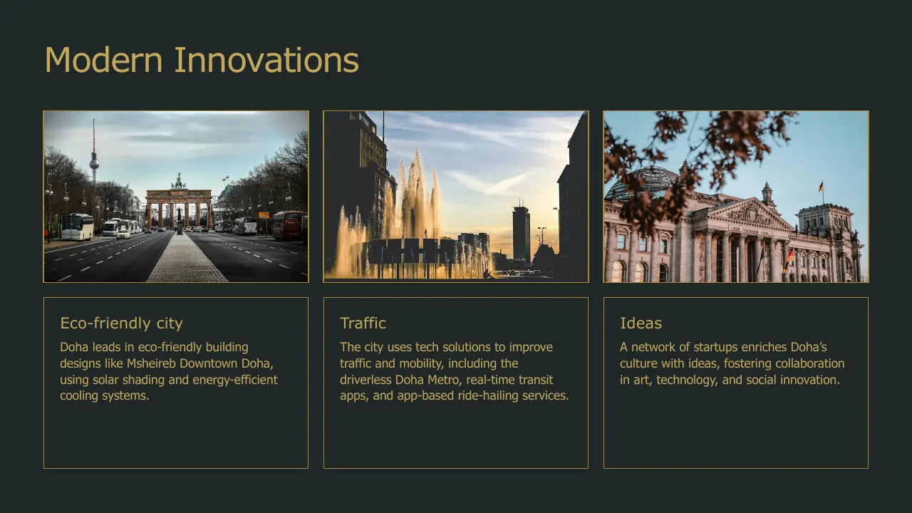 Three images of urban landmarks with text boxes describing eco-friendly city design, traffic tech solutions, and startup ideas.