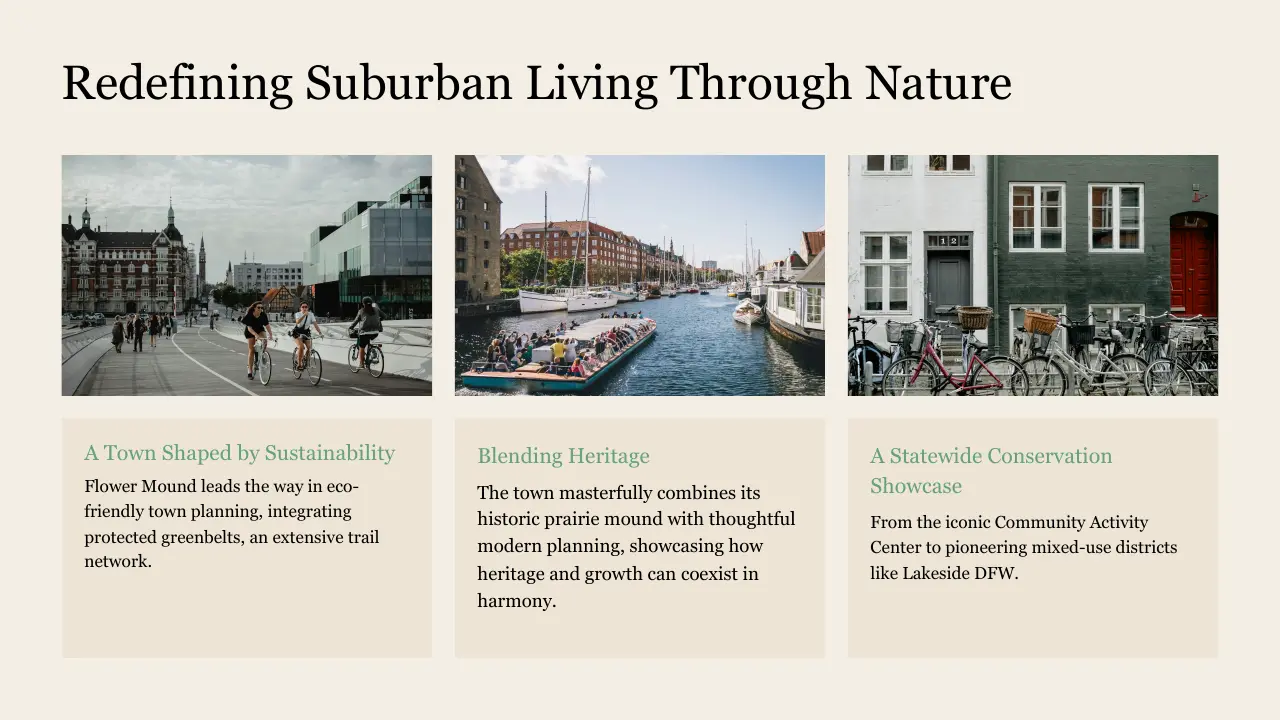 Three images depicting suburban life: cyclists on a city bridge, a tour boat on a canal, and bicycles parked against residential buildings.