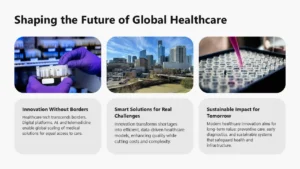 Three images above text: laboratory gloved hands holding test tubes, city skyline under blue sky, and pipette dispensing liquid into test tube tray.