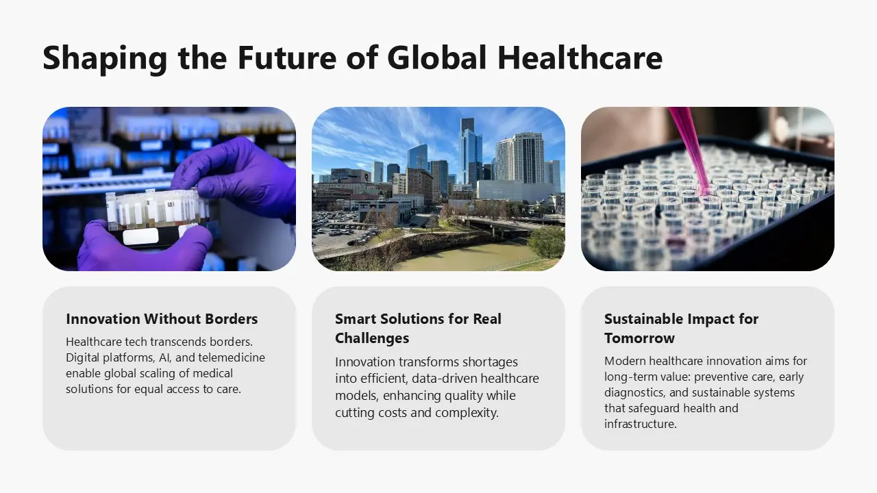 Three images above text: laboratory gloved hands holding test tubes, city skyline under blue sky, and pipette dispensing liquid into test tube tray.
