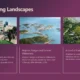 Three landscape images showing an urban park with people, aerial view of islands and water, and green mountainous terrain with houses.