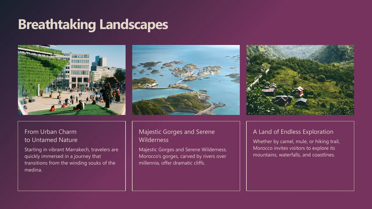 Three landscape images showing an urban park with people, aerial view of islands and water, and green mountainous terrain with houses.