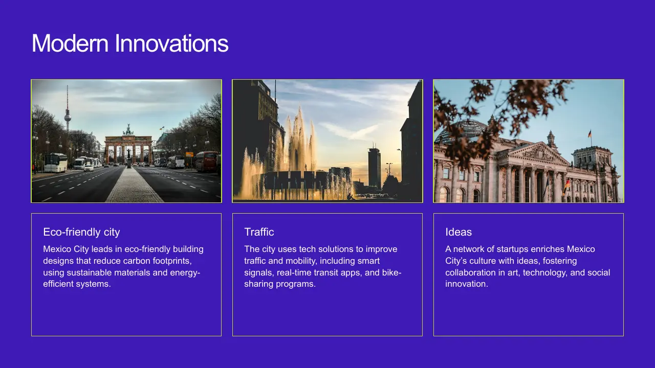 Three cityscape images above text boxes about eco-friendly city, traffic technology, and startup ideas.