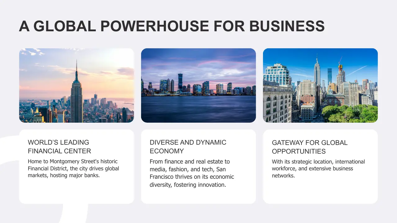 Three cityscape images showcasing New York and San Francisco skylines under different lighting conditions.