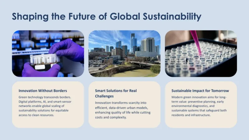 image-cards-3-singapore Professional infographic titled "Shaping the Future of Global Sustainability" featuring images of laboratory work, a city skyline, and scientific testing with accompanying descriptive text.