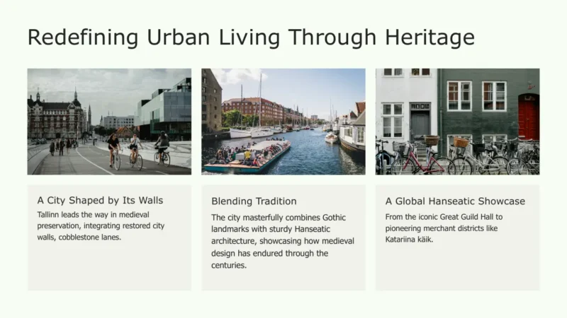image-cards-3-tallinn Three images depicting urban heritage: cyclists on a historic city street, a boat tour along a canal with brick buildings, and bicycles parked in front of traditional townhouses.