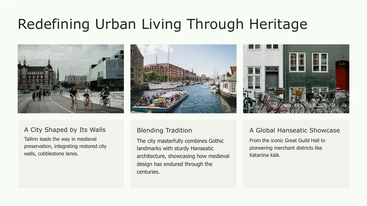 Three images depicting urban heritage: cyclists on a historic city street, a boat tour along a canal with brick buildings, and bicycles parked in front of traditional townhouses.