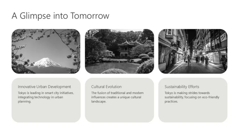 image-cards-3-tokyo-red Black and white images of Mount Fuji, traditional Japanese garden, and Tokyo city street with text on urban development, culture, and sustainability.