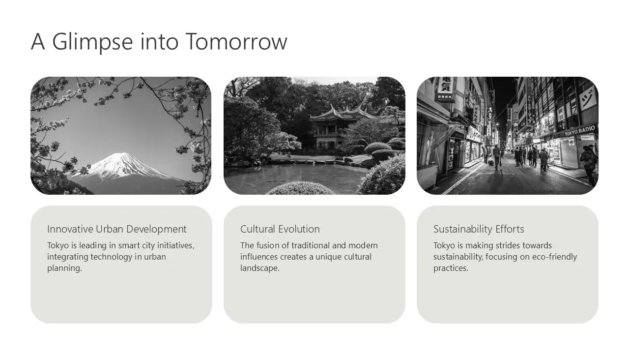 Black and white images of Mount Fuji, traditional Japanese garden, and Tokyo city street with text on urban development, culture, and sustainability.