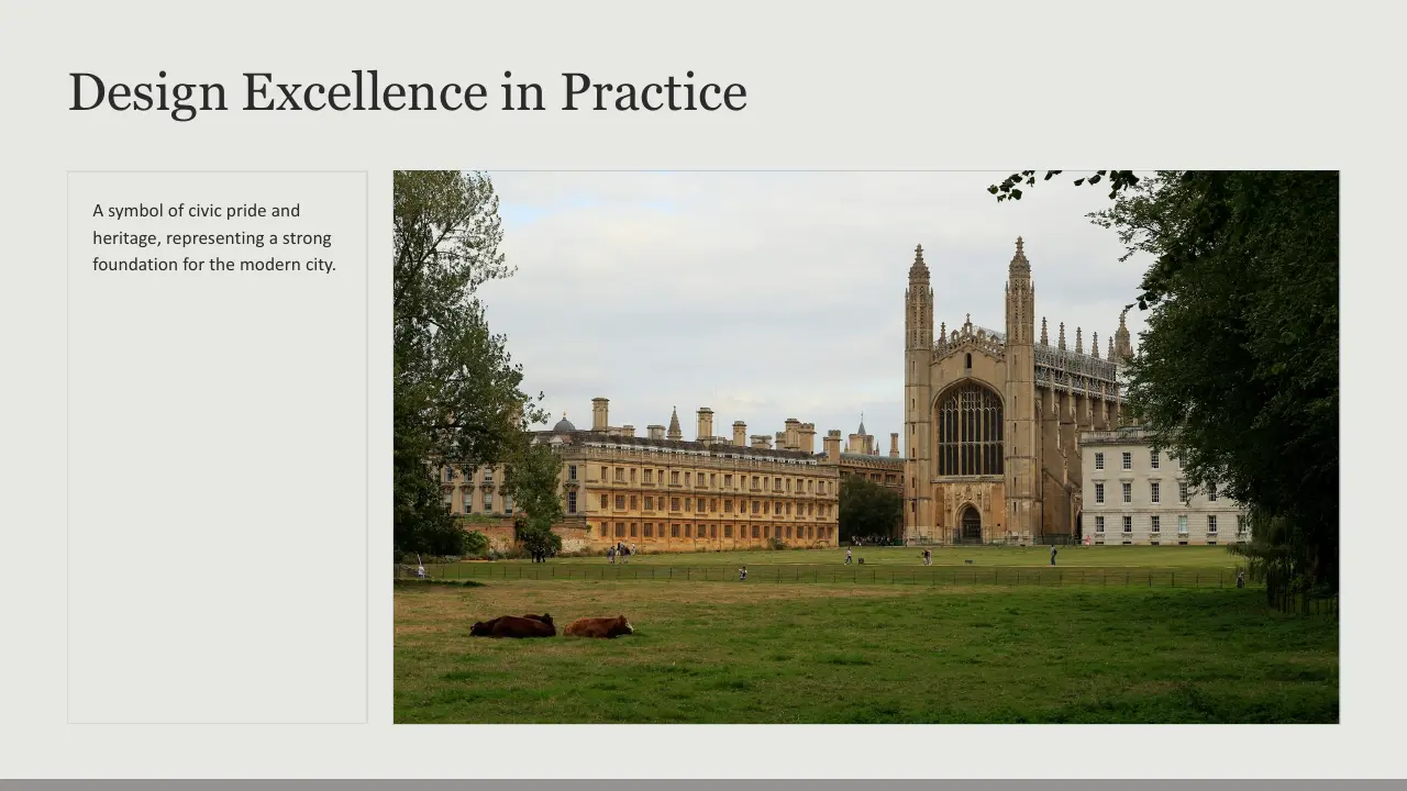 Historic collegiate gothic architecture with expansive green lawn and grazing cows.