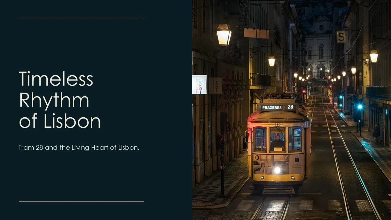 Nighttime view of yellow Tram 28 on illuminated street in Lisbon, Portugal.