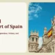 Left side text reading "Madrid — Heart of Spain, A capital built on grandeur, history, and national pride" alongside right side image of ornate historic building with Spanish flags under a blue sky.