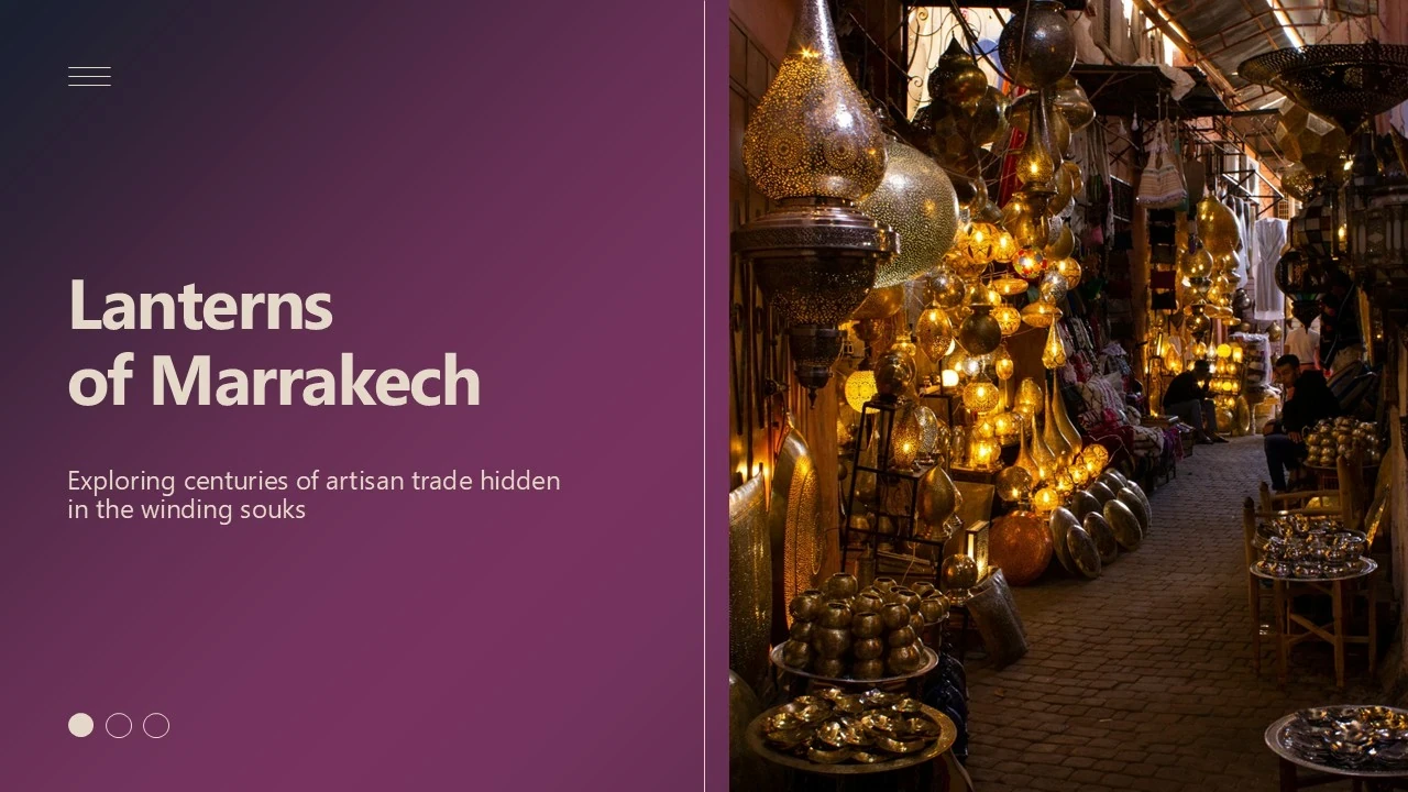 Traditional illuminated brass lanterns and metalware displayed in a narrow Marrakech souk aisle.