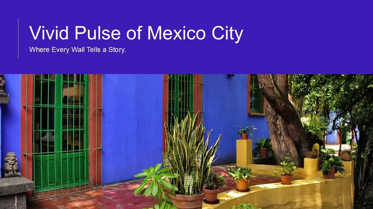 Colorful outdoor scene with vibrant blue wall, green doors, and potted plants in Mexico City.