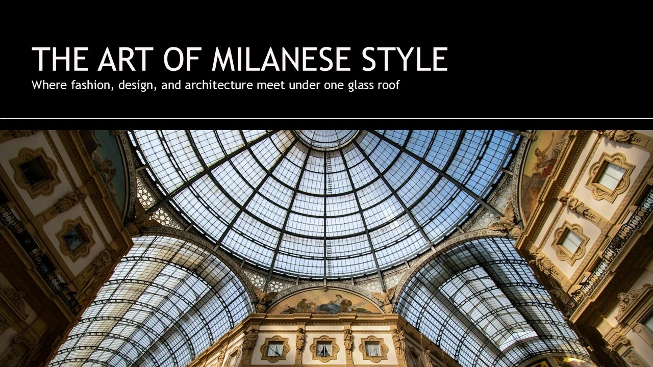 Glass dome roof with intricate iron framework above ornate Milanese architecture and frescoes.