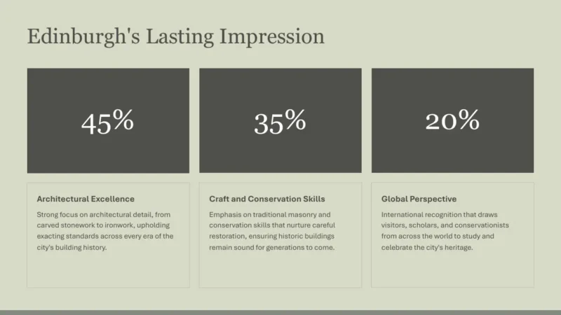 numbers-edinburgh Infographic titled "Edinburgh's Lasting Impression" showing percentages and descriptions of architectural excellence, craft and conservation skills, and global perspective.