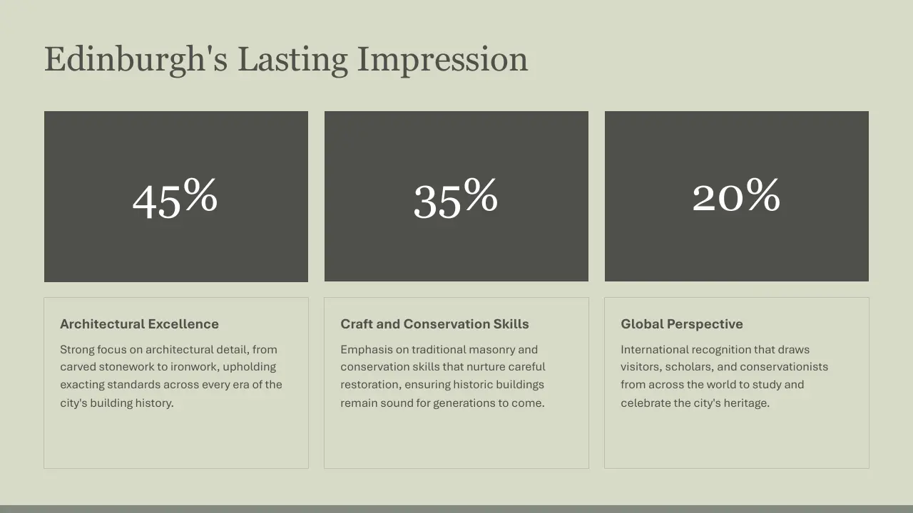 Infographic titled "Edinburgh's Lasting Impression" showing percentages and descriptions of architectural excellence, craft and conservation skills, and global perspective.