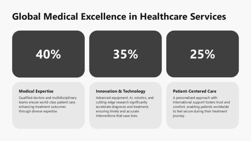 numbers-houston-grey Infographic titled "Global Medical Excellence in Healthcare Services" showing percentages for Medical Expertise, Innovation & Technology, and Patient-Centered Care.