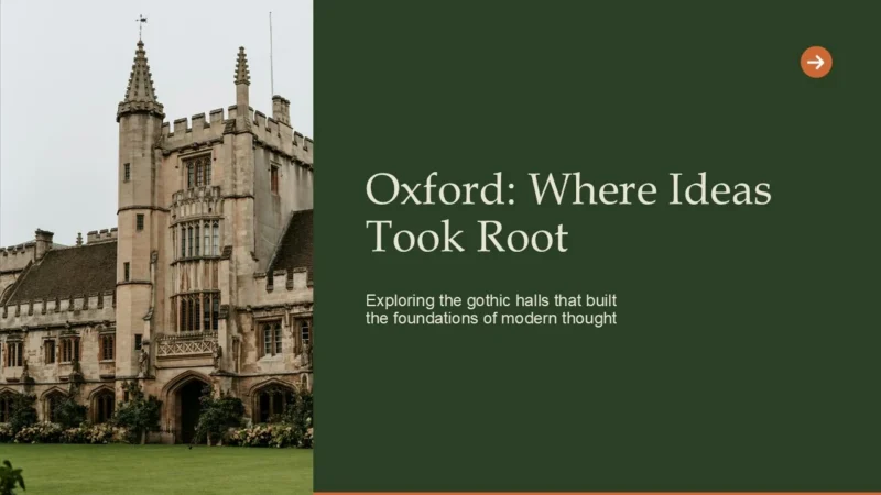 oxford-title Gothic-style stone building at Oxford University with green lawn and text about exploring its halls.