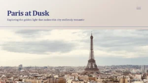Panoramic view of Paris skyline at dusk featuring the Eiffel Tower under a cloudy sky.