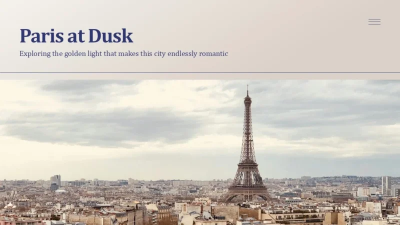 paris-title Panoramic view of Paris skyline at dusk featuring the Eiffel Tower under a cloudy sky.