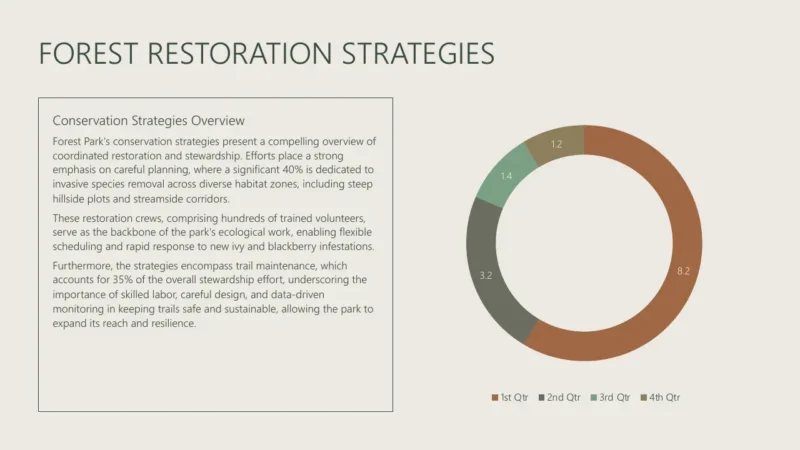 pie-chart-v2 Infographic titled "Forest Restoration Strategies" with text overview and a multicolored donut chart.