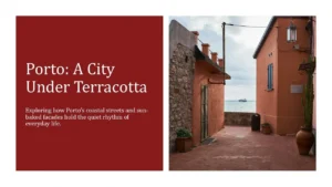 Left side with red background and white text about Porto; right side shows narrow coastal street with terracotta buildings, stone wall, potted plants, and distant ship on sea.