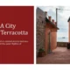 Left side with red background and white text about Porto; right side shows narrow coastal street with terracotta buildings, stone wall, potted plants, and distant ship on sea.