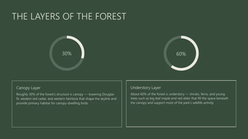radial-bars-2 Infographic titled "The Layers of the Forest" with two circular charts and descriptive text on canopy and understory layers.