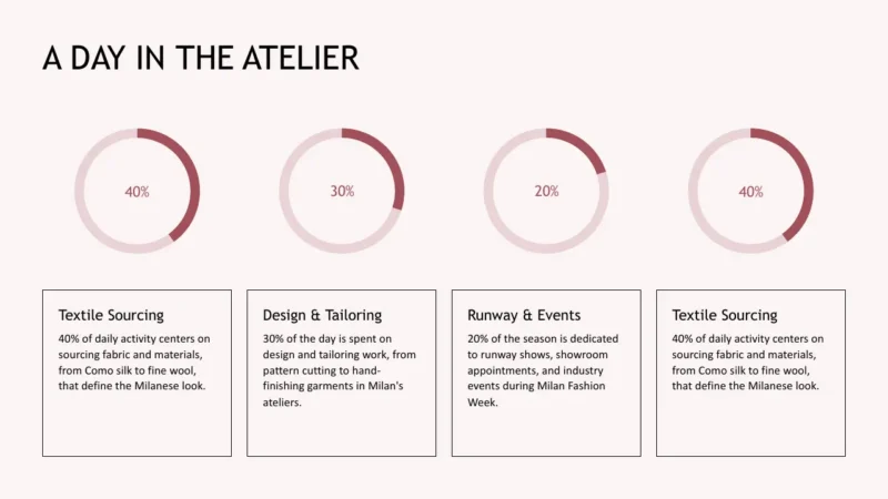 radial-bars-4 Infographic titled "A Day in the Atelier" with four circular progress charts and activity descriptions.
