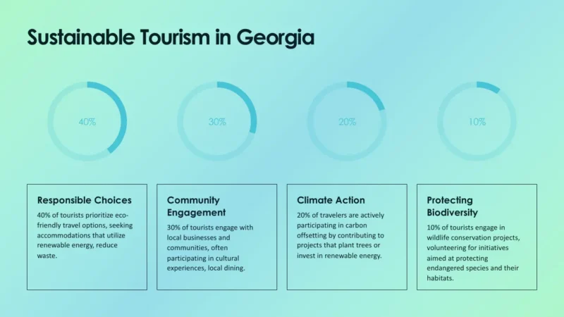 radial-bars-4-batumi Infographic on sustainable tourism in Georgia with four key focus areas and percentages.