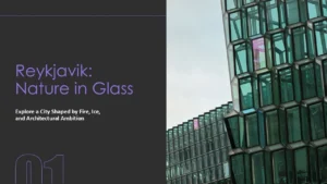 Modern glass building with hexagonal windows beside text about Reykjavik's architectural theme.