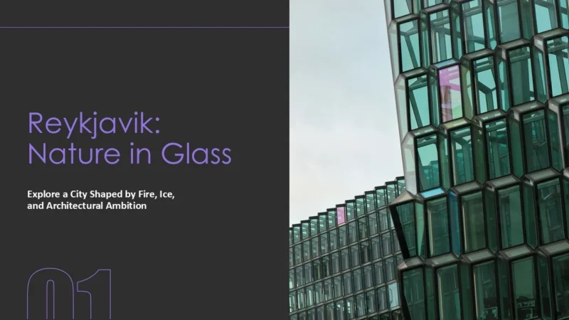 reykjavik-title Modern glass building with hexagonal windows beside text about Reykjavik's architectural theme.